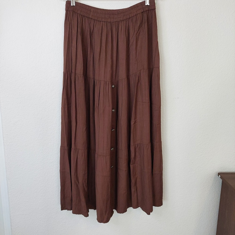 Crazy Cowgirl Vintage Brown Cotton Tiered Maxi Skirt Medium Boho Western Concho‎